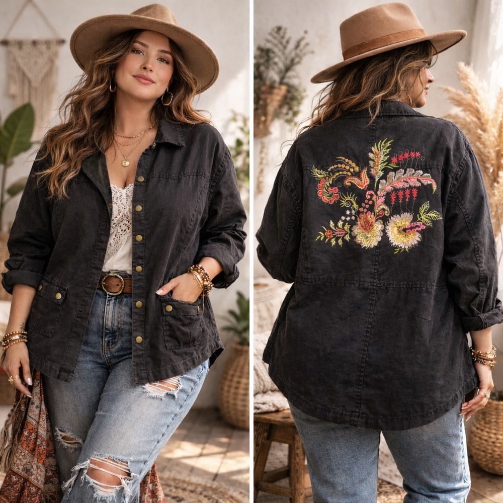 Floral Embroidered Black Utility Jacket